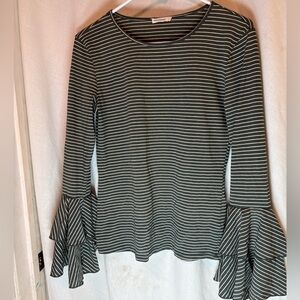 ANDTHEWHY Bell Double Ruffle Long Sleeve Blouse Size S Top Striped Green Cream